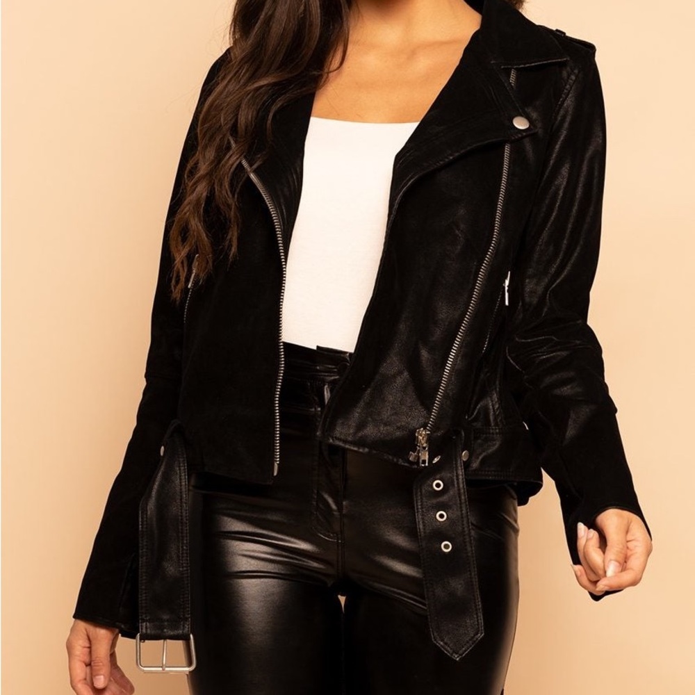 NEW Faux Suede Leather Belted Moto Biker Black Jacket